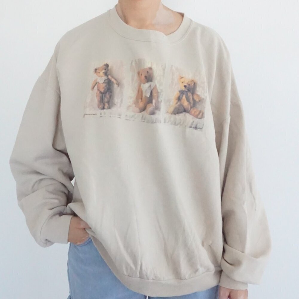 Vintage Jerzees Beige Teddy Bear Trio Animal Graphic Sweatshirt Cottagecore L